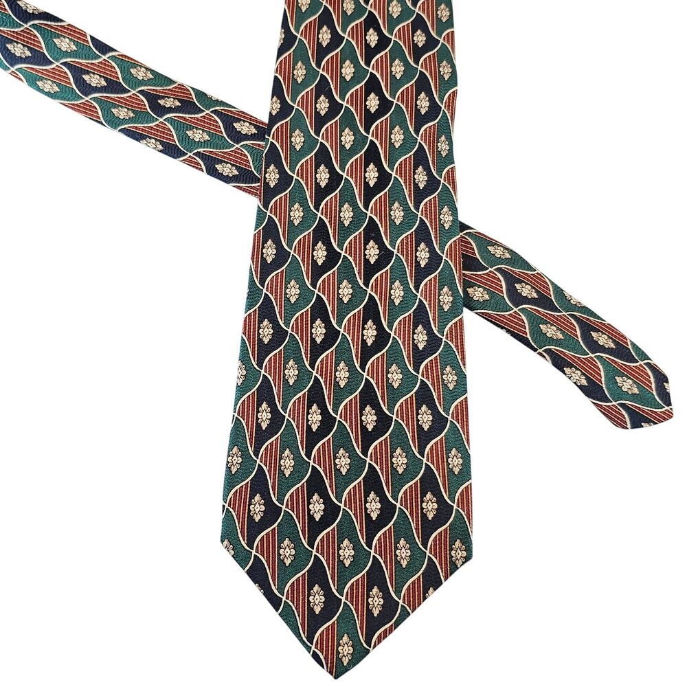 Geoffrey Beene Mens Silk Necktie Green Blue Geometric Floral Stripe Tie 58”